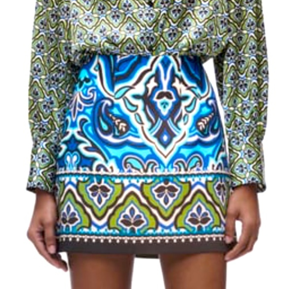 Zara blue green printed mini skirt